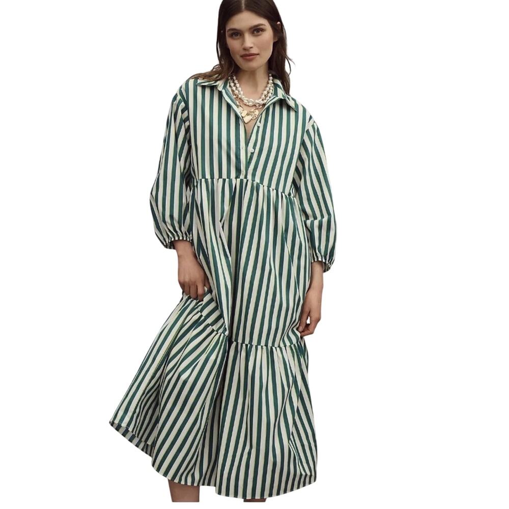 Anthro Maeve Bettina Tiered Shirt Dress Green Stripe Euro Summer MP Resortwear
